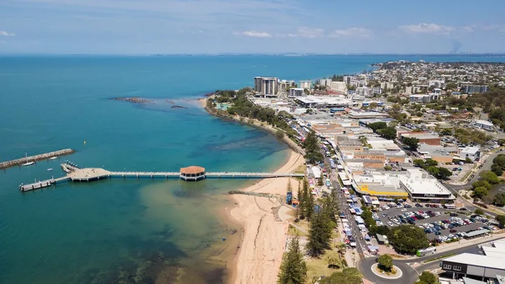 Redcliffe foreshore and jetty from above, near the Sunday markets