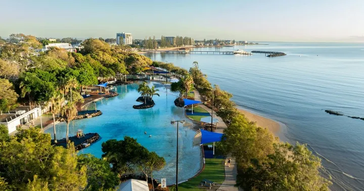 Aerial view of Settlement Cove Lagoon beside Moreton Bay