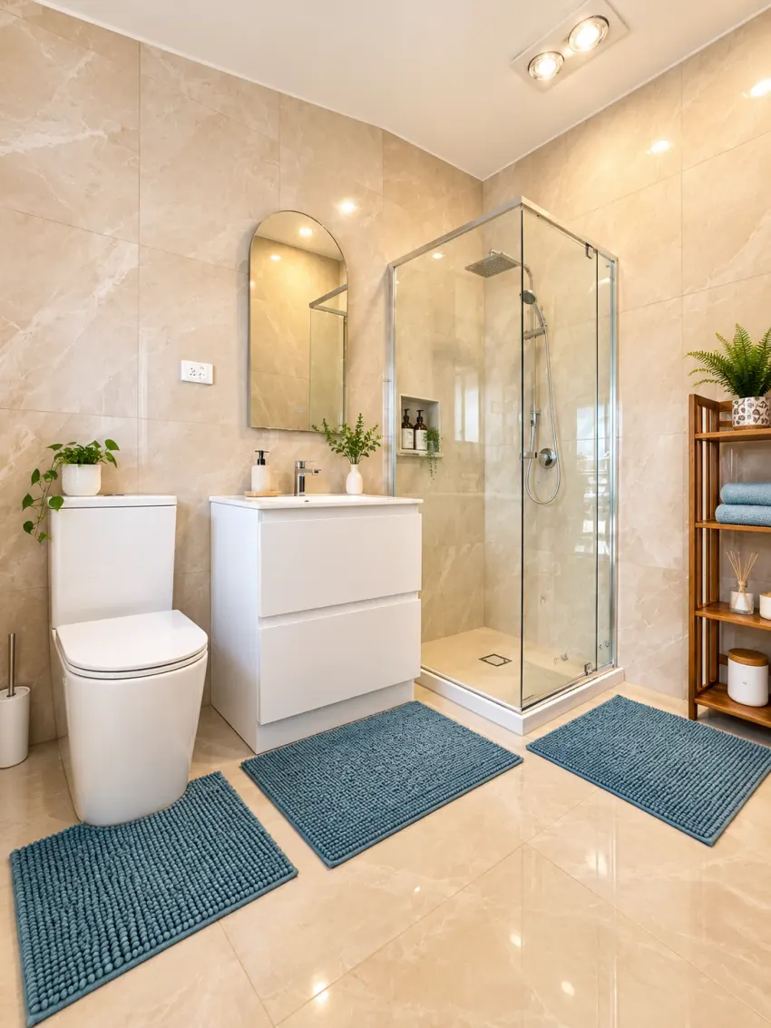 Bathroom with glass shower, vanity and toilet at Margate Getaway