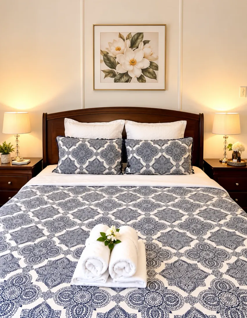 Blue patterned bed linen with folded towels and bedside lamps at Margate Getaway