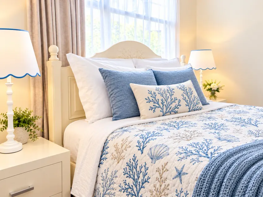 Bedroom with blue and white coastal linen at Margate Getaway