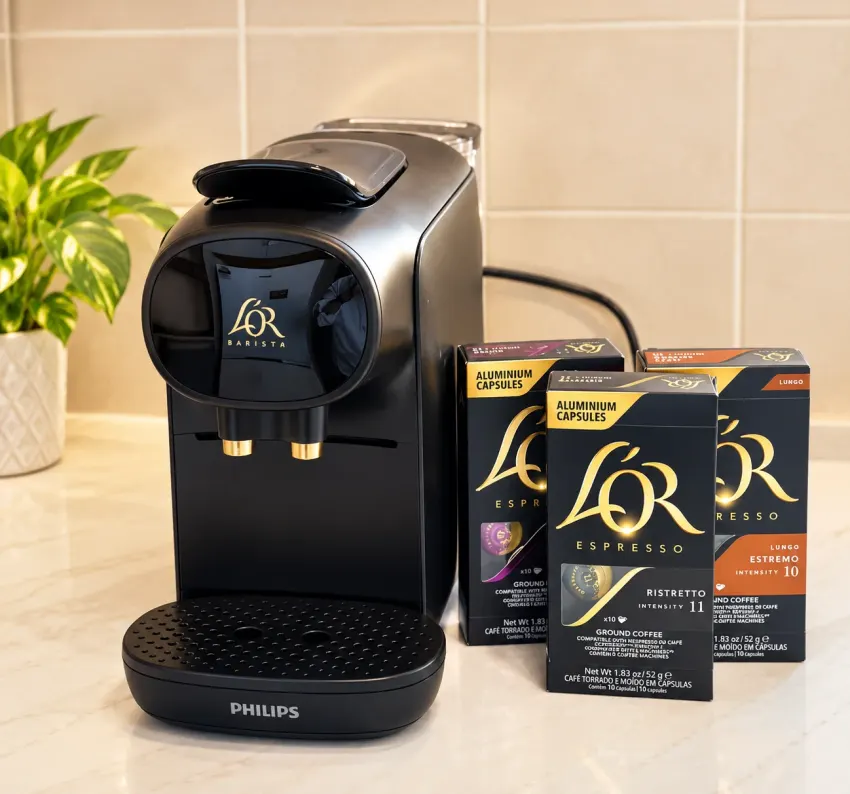 L’OR pod coffee machine with coffee capsules and mugs at Margate Getaway