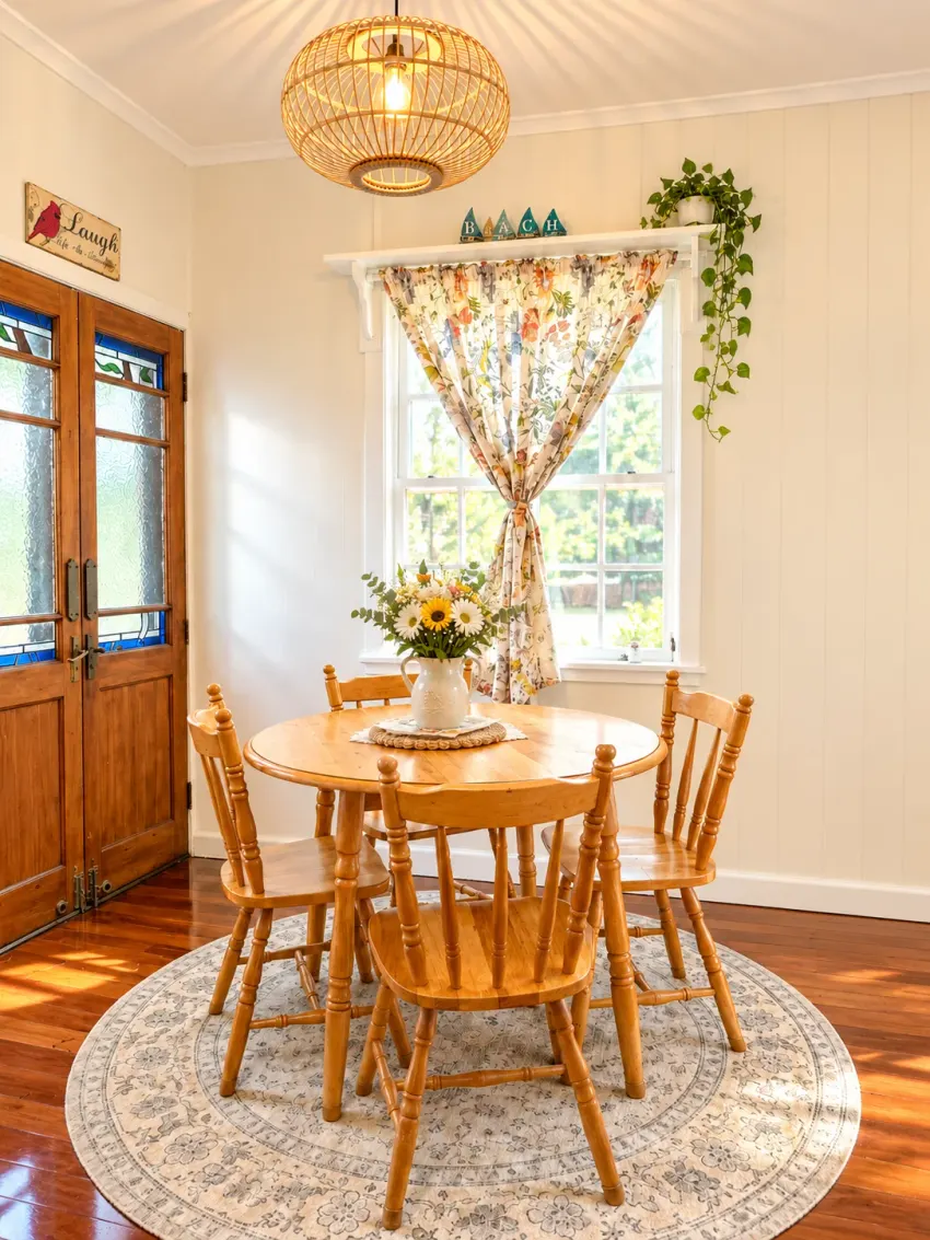 Dining nook with round timber table and woven pendant at Margate Getaway
